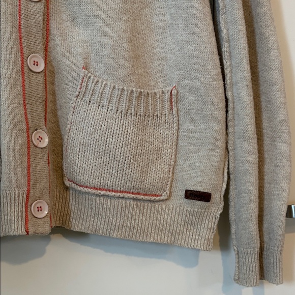 ROOTS | Wool Blend Beige Cardigan Sweater with Coral Accent Stitch - Picture 4 of 13